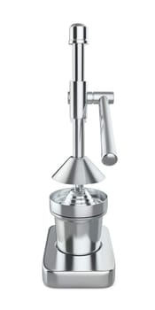 Front view of stainless steel citrus juicer on white background