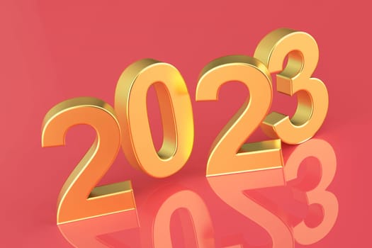 Happy New Year 2023, gold numbers on shiny red background