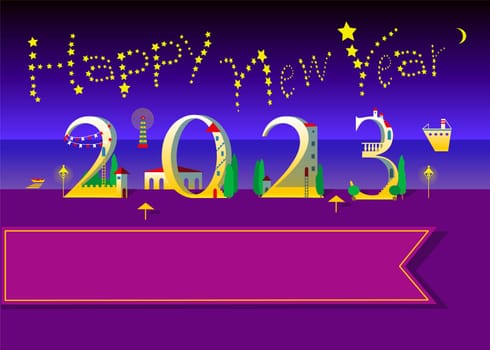 Night beach inscription - Happy New Year 2023. Yellow text is as stars in the sky. Number is as white houses with yellow lighting, red doors, roofs and green trees. Sea and beach background. Big banner for custom text.