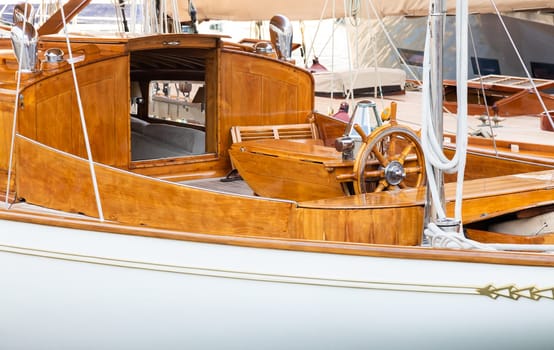 Luxury yacht. Comfortable expensive wooden design and furniture for holiday recreation tourism or travel and wealth concept
