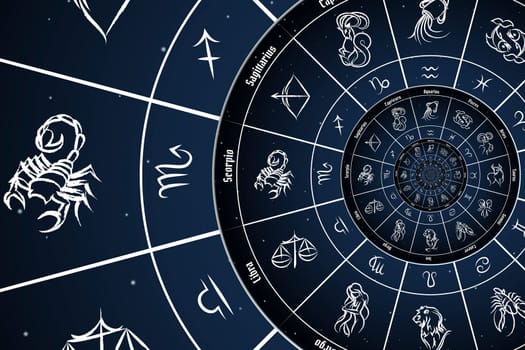 Astrological background with zodiac signs and symbol - blue