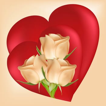 Three white roses on the background of two red hearts. Valentine's day concept. Vector image.