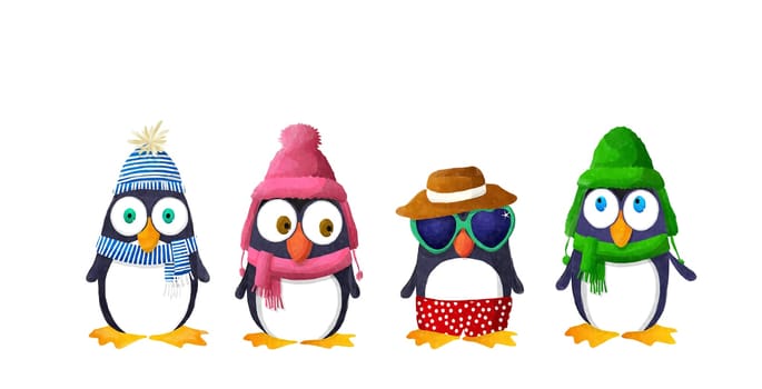 Cute penguings all dressed up, isolated on white