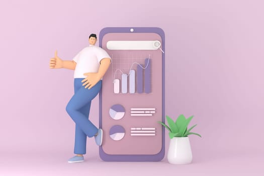 A male character leaning on phone. The infographic presentation on mobile screen. 3d rendering of business models