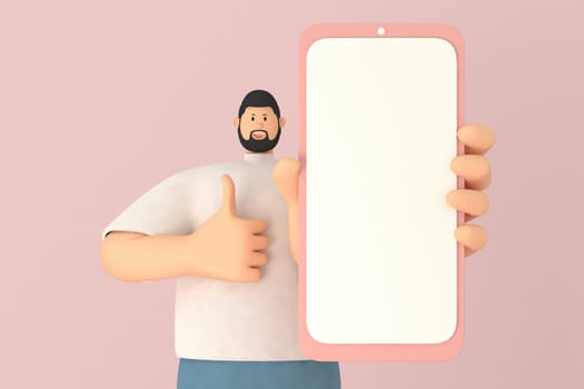 A male character presentation   on the mobile white screen. 3d rendering of business models. Includes paths at the screen surface.