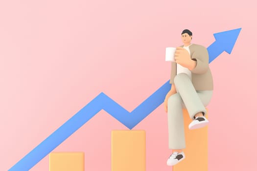 A man character siting  with The graph shows the stock up.  3d rendering of business models.