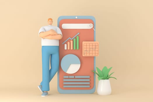 A male character leaning on phone. The infographic presentation on mobile screen. 3d rendering of business models