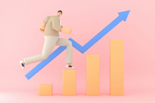 A man character running with The graph shows the stock up. 3d rendering of business models.