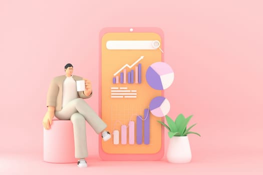 A male character presentation  the infographic on mobile screen. 3d rendering of business models