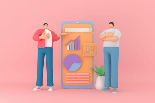Two male character presentation  the infographic on mobile screen. 3d rendering of business models