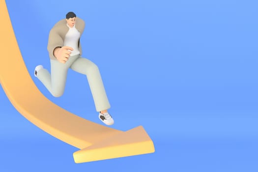 A man characte run along the arrow. 3d rendering of business models.