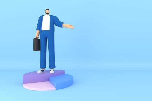 A male character presentation   on the infographic. 3d rendering of business models