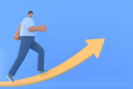 A man characte run along the arrow. 3d rendering of business models.