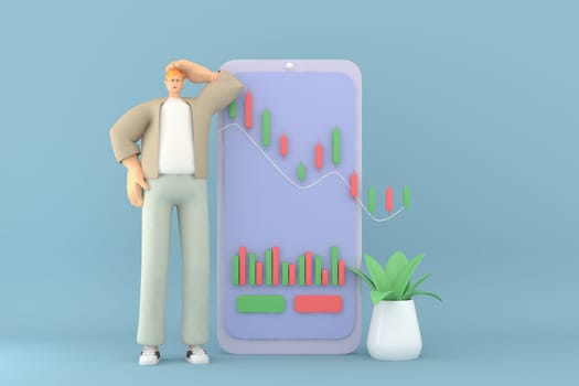 A male character presentation  the infographic on mobile screen. 3d rendering of business models