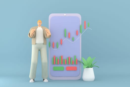 A male character presentation  the infographic on mobile screen. 3d rendering of business models