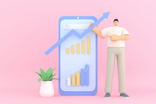 A male character presentation  the infographic on mobile screen. 3d rendering of business models