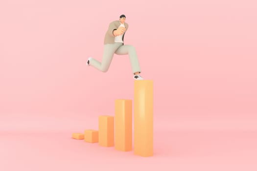 A man character running with The graph shows the stock up. 3d rendering of business models.