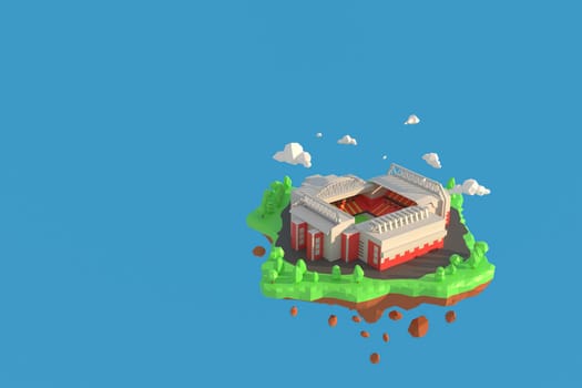 3D illustrator football stadium in Anfield, Liverpool, England. 3d rendering Low Polygon Geometry Background. Abstract Polygonal Geometric Shape. Lowpoly Minimal Style Art.