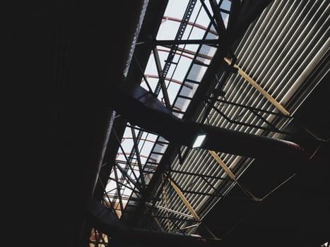 The roof of a hangar, a production hall or a sports hall. Metal structures, beams, supporting elements. Ventilation systems in large halls and rooms. Skylights. Industrial interior