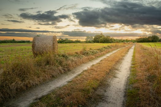 Country road and hay bale in the field, evening view with clouds, Nowiny, Poland