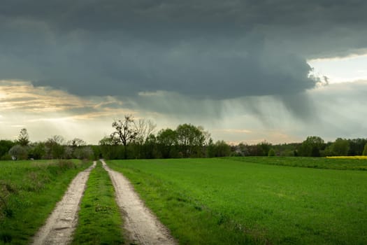 Dark rain cloud over the green field by the road, cloudy spring day