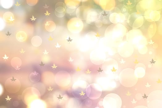 Abstract autumn gradient gold yellow green bright background texture with leaves and bokeh circles. Indian summer. Card design with space. Beautiful backdrop.