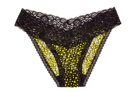 Underwear woman isolated. Close-up of luxurious elegant black lacy thongs panties with colorful yellow stars pattern isolated. Clipping path. Macro. Underwear fashion.