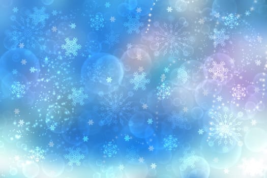 Abstract blurred festive light blue winter christmas or Happy New Year background texture with shiny blue and white bokeh lighted glittering snowflakes and stars. Space for your design. Card concept.