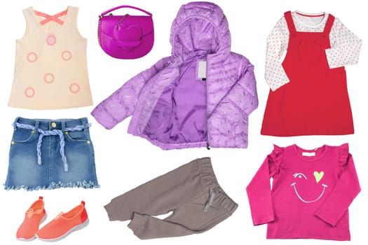Collage set of little girl autumn clothing isolated on white. The collection of a down jacket, a sweater, jeans skirts, sneaker, shirts ,sweat pants and a bag. Kids spring and winter fashion.