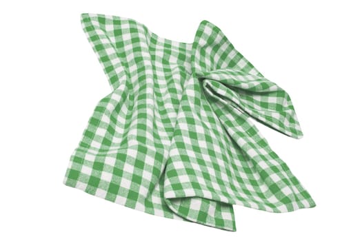 Closeup of a green and white checkered napkin or tablecloth texture isolated on white background. Kitchen accessories. Clipping path.