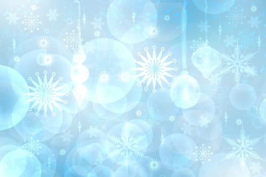 Abstract blurred festive delicate winter christmas or Happy New Year background texture with shiny light turquoise blue and bright bokeh lighted stars and snowflakes. Card concept.