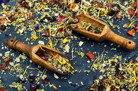 Herbal tea with healthy herbs in scoop. Natural herbal medicine. Flat lay