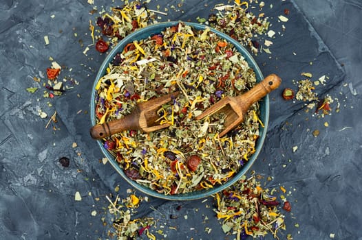 Herbal tea with healthy herbs in scoop. Natural herbal medicine. Flat lay