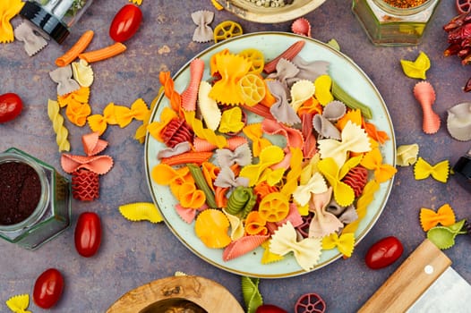Colorful Italian pasta. Various colors of pasta. Texture background