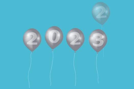 3D illustration concept New Year 2023 design with number on the balloons, the old year has passed.