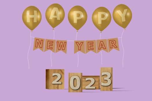 3D illustration New Year concept 2023 design with text on the wooden box and balloons on a purple rose color background.