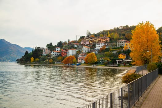 Bay of Como Lake, autumn trees, landscape view