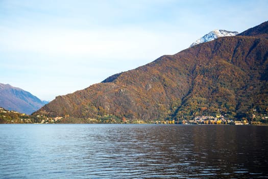 Lake and mountains under sunset light, landscape view