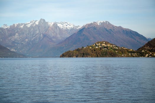 Lake landscape with mountains on the background, horizontal view