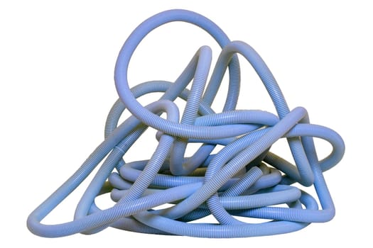 Blue industrial flexible corrugated pipe for installations of electric cable isolated on a white background. Hoses of flexible PVC. Macro.