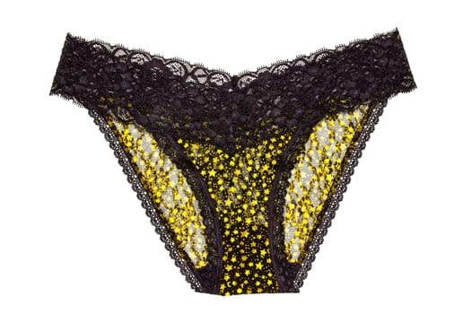 Underwear woman isolated. Close-up of luxurious elegant black lacy thongs panties with colorful yellow stars pattern isolated. Clipping path. Macro. Underwear fashion.