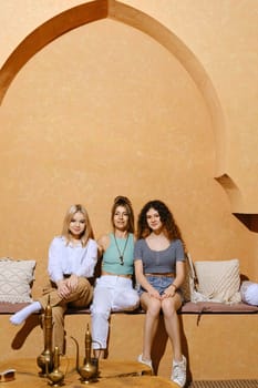 Happy family. Mother and her two daughters at vacation in Middle Eastern country.