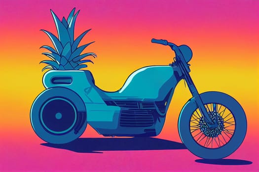 Motorcycle with a pineapple, , 80s retrowave style, summer holiday feeling, vibrant colours