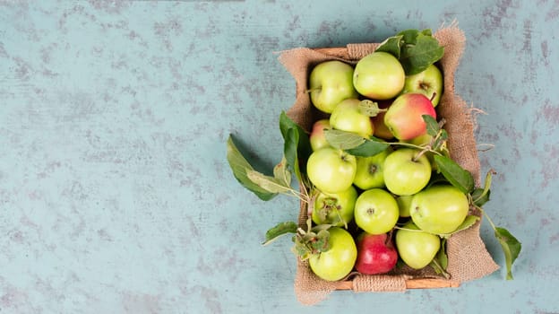 Apples in a basket standing on a table, fruit harvest in the summer, healthy organic food