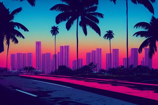 Road with palm trees and skyline with skyscrapers, 80s retrowave style, summer holiday feeling, vibrant colours