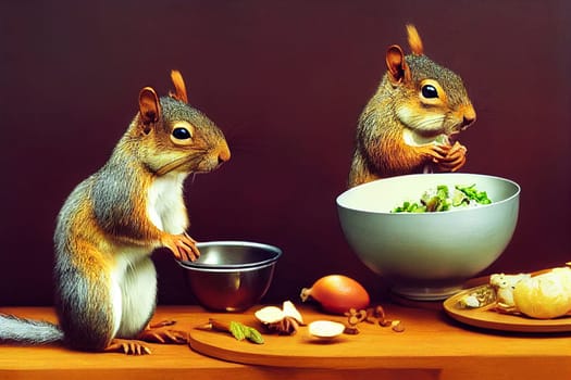 Two squirrels cooking in the kitchen, preparing food