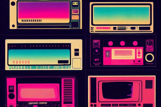 Radio tape recorder in retrowave 80s style, vibrant colors, music technology, cassette player