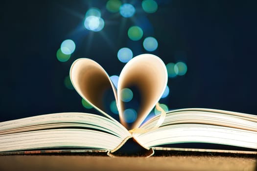 opened buck with sides that are beaten to the heart. Light spot by fairy lights in background with soft bokeh. Love novel for romance.