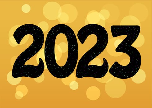 Festive Black Number 2023 with bright spray decor. Yellow background with  blurs of light. New year's mood.