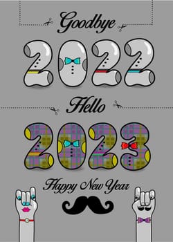 Retro Happy New Year 2023. Goodbye 2022. Hello 2023. Artistic numbers with ties and buttons, black texts and scissors. Cartoon male and female hands looking at each other. Gray background.